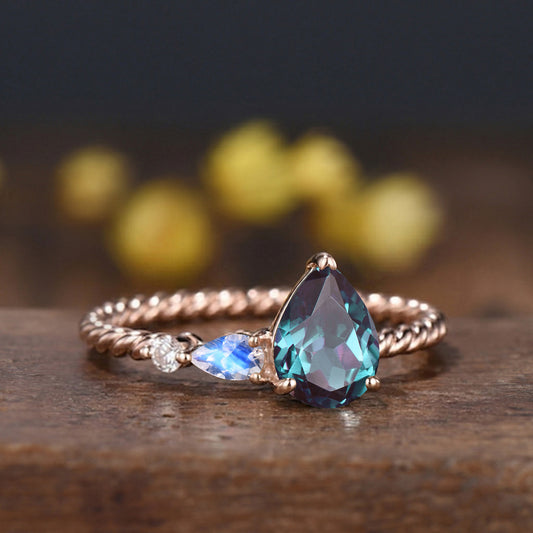 Vintage Alexandrite Moonstone Engagement Ring, 14k Rose Gold Twisted Band, Three Stone Promise Ring
