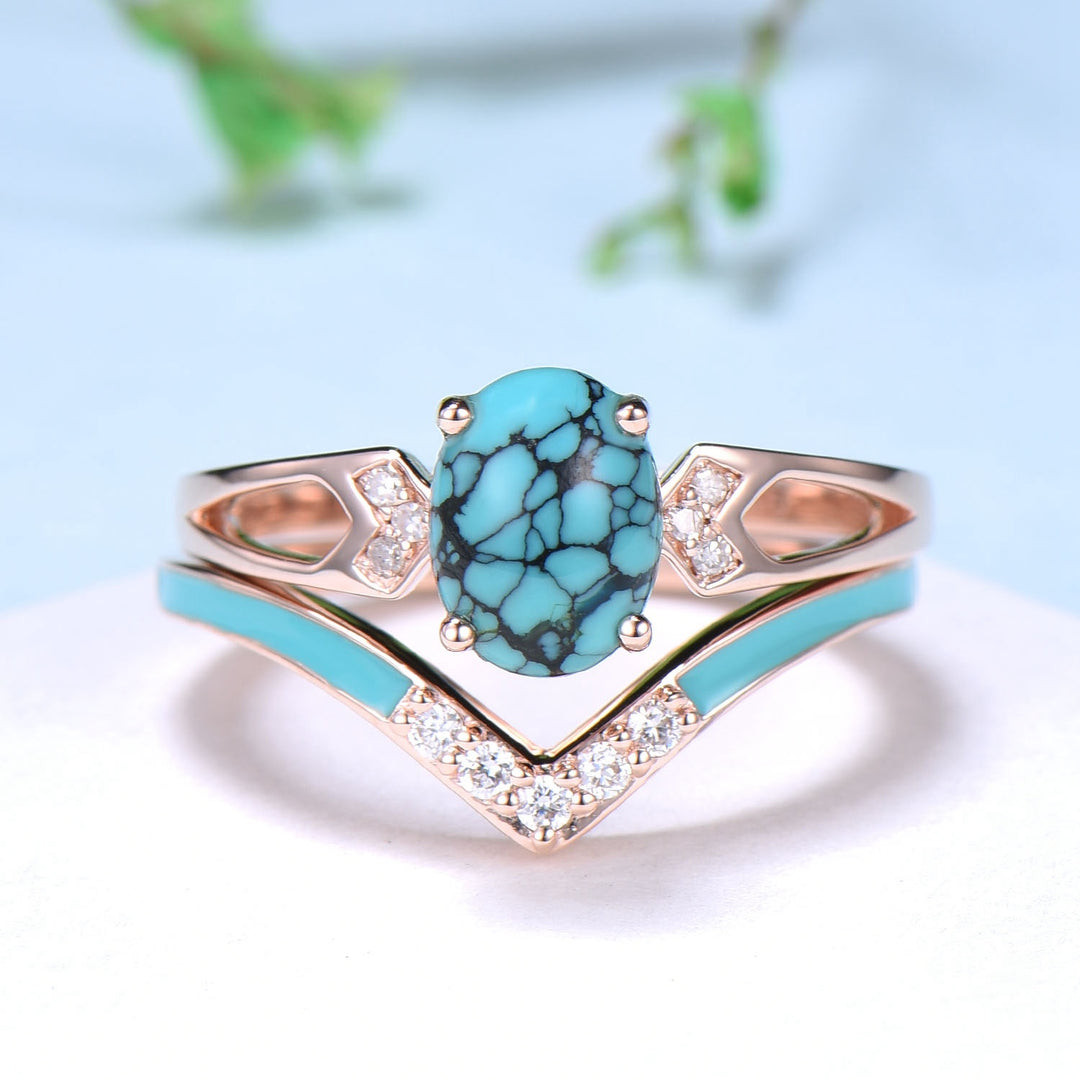 Unique Oval Turquoise engagement ring set 14k white gold vintage