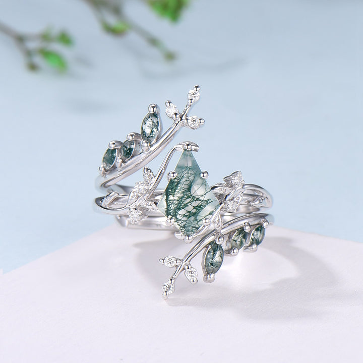 Nature Inspired Kite cut moss agate ring set black gold unique leaf branch marquise cut green agate engagement ring bridal wedding ring set - PENFINE