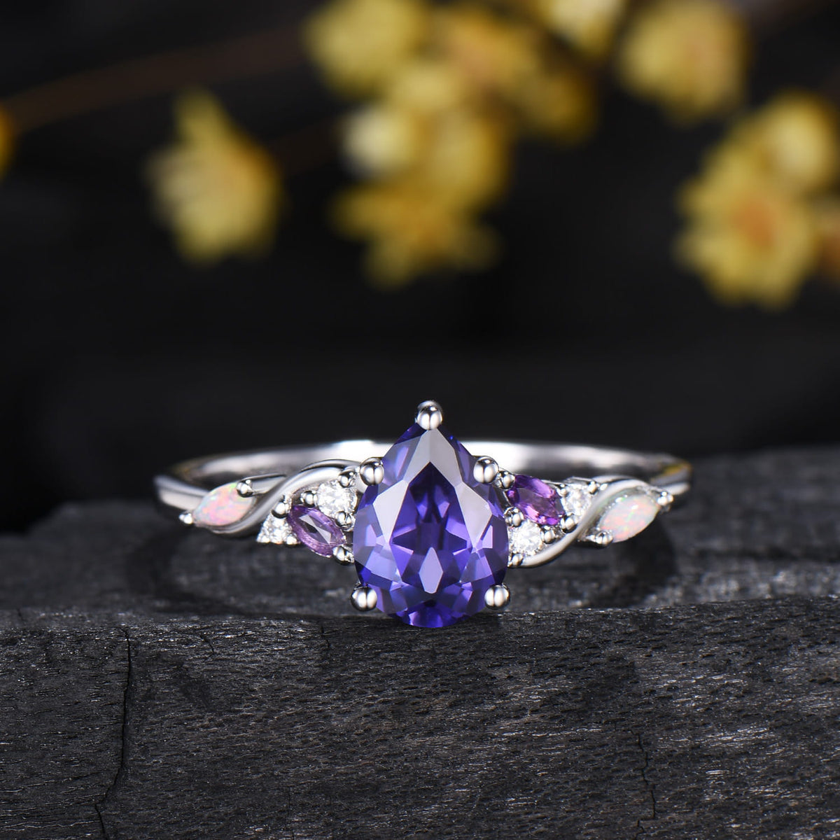 Celestial Tear Purple Sapphire Engagement Ring - Cluster Amethyst & Iridescent Opal Five Prongs