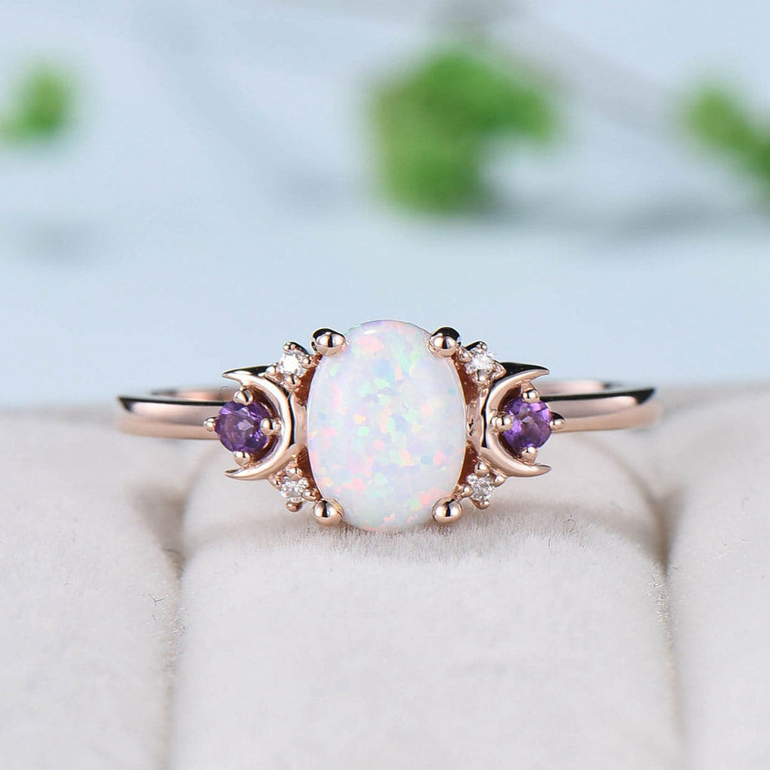 Vintage Opal Engagement Ring Rose Gold Unique Nature Inspired Moon Amethyst Ring Unique Alternative October birthstone Wedding Ring Women - PENFINE