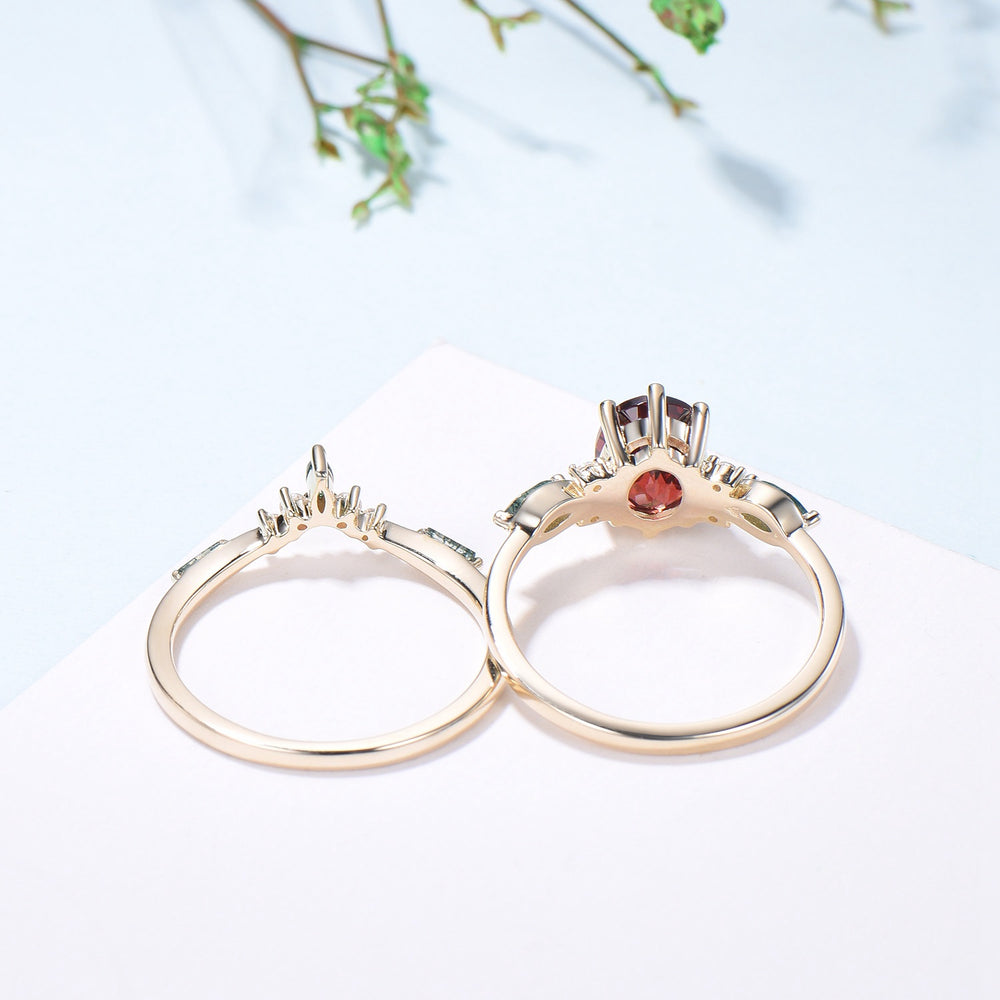 Vintage Oval Garnet Engagement Ring Set, Accent Marquise Moss Agate Yellow Gold Bridal Ring - PENFINE