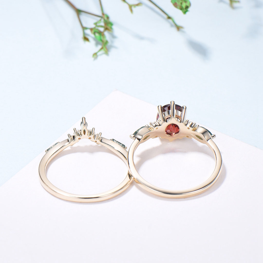 Vintage Oval Garnet Engagement Ring Set, Accent Marquise Moss Agate Yellow Gold Bridal Ring - PENFINE