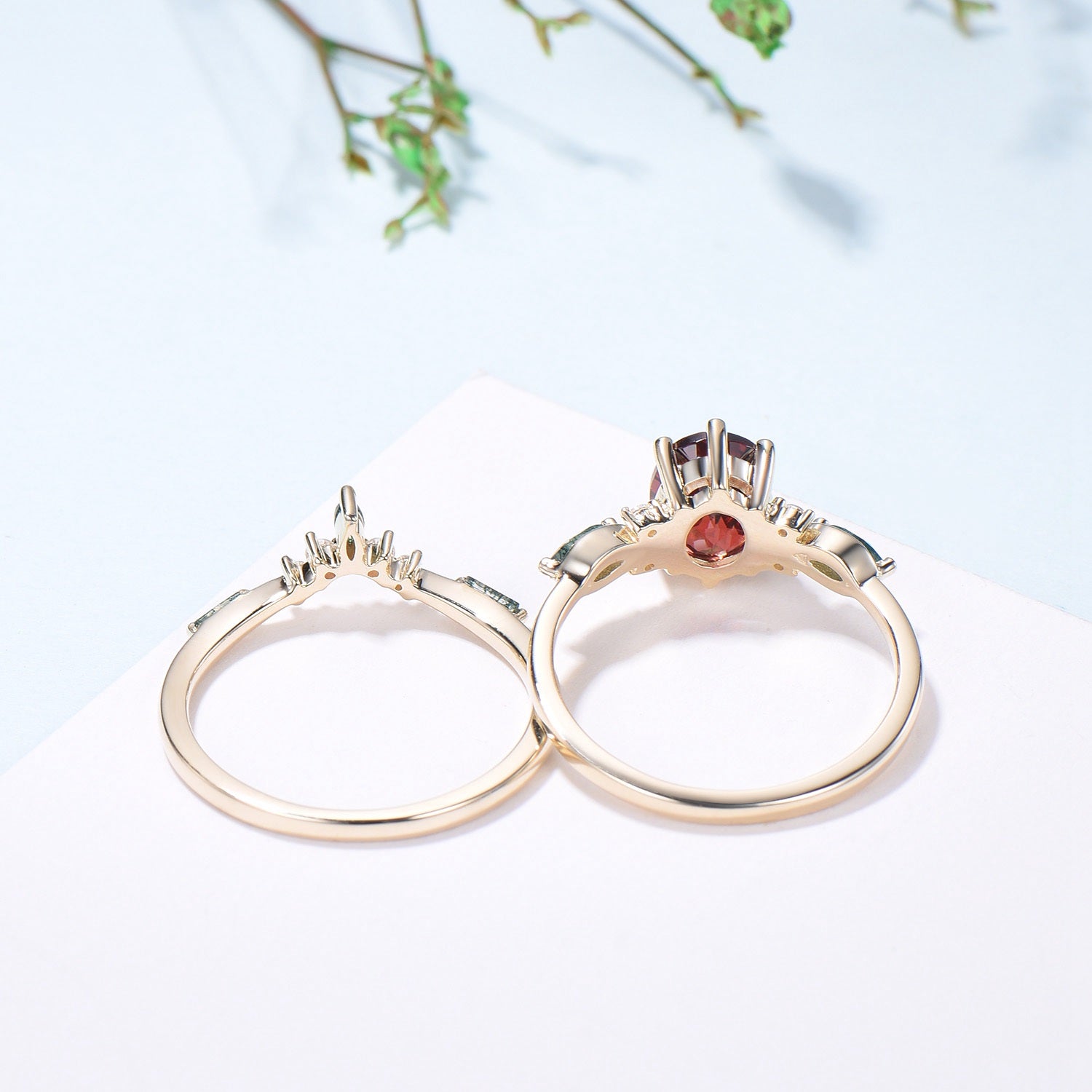 Vintage Oval Garnet Engagement Ring Set, Accent Marquise Moss Agate Yellow Gold Bridal Ring - PENFINE
