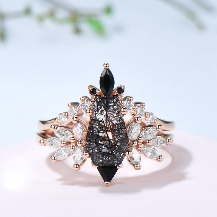 Unique Coffin Cut Black Rutilated Engagement Ring Set Art Deco Marquise Black Quartz Wedding Ring Moissanite Bridal Ring Birthday Gift Women - PENFINE