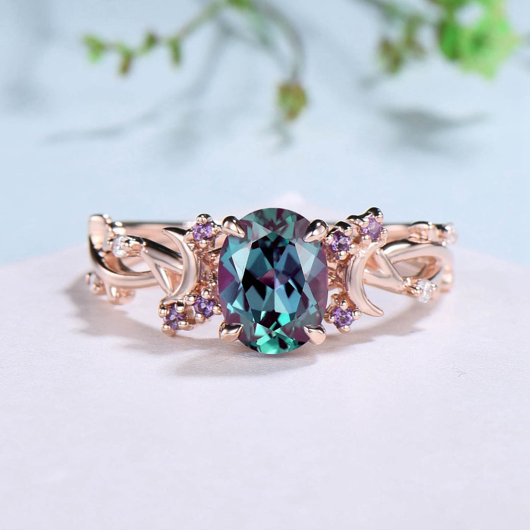 1.5CT Oval Cut Alexandrite Ring Twig Branch Color Change Moon Engagement Ring Vintage Unique Cluster Amethyst Wedding Ring Gift For Women - PENFINE