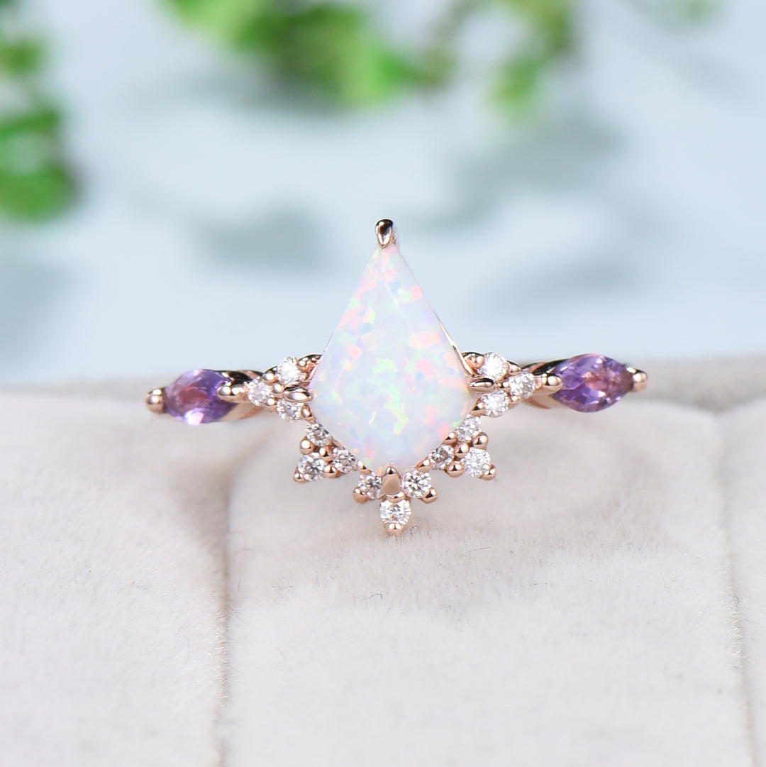 Unique opal and amethyst ring Vintage fire opal engagement ring solid 14k rose gold art deco kite cut cute opal wedding ring for women - PENFINE