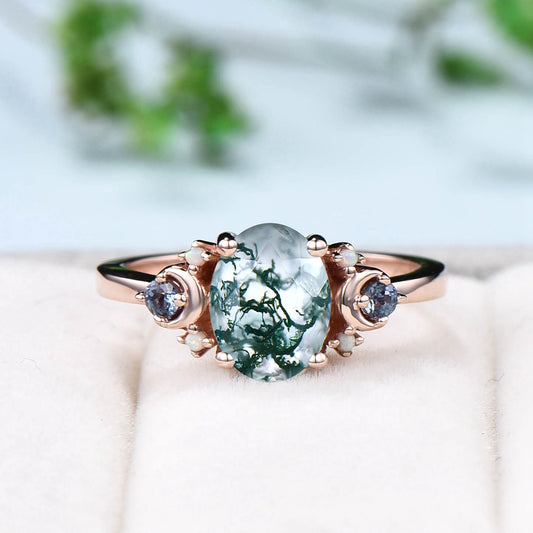 Vintage Moon Green Agate Ring Unique Nature Inspired Moss Agate Engagement Ring Alternative Cute Alexandrite Opal Wedding Ring For Women - PENFINE
