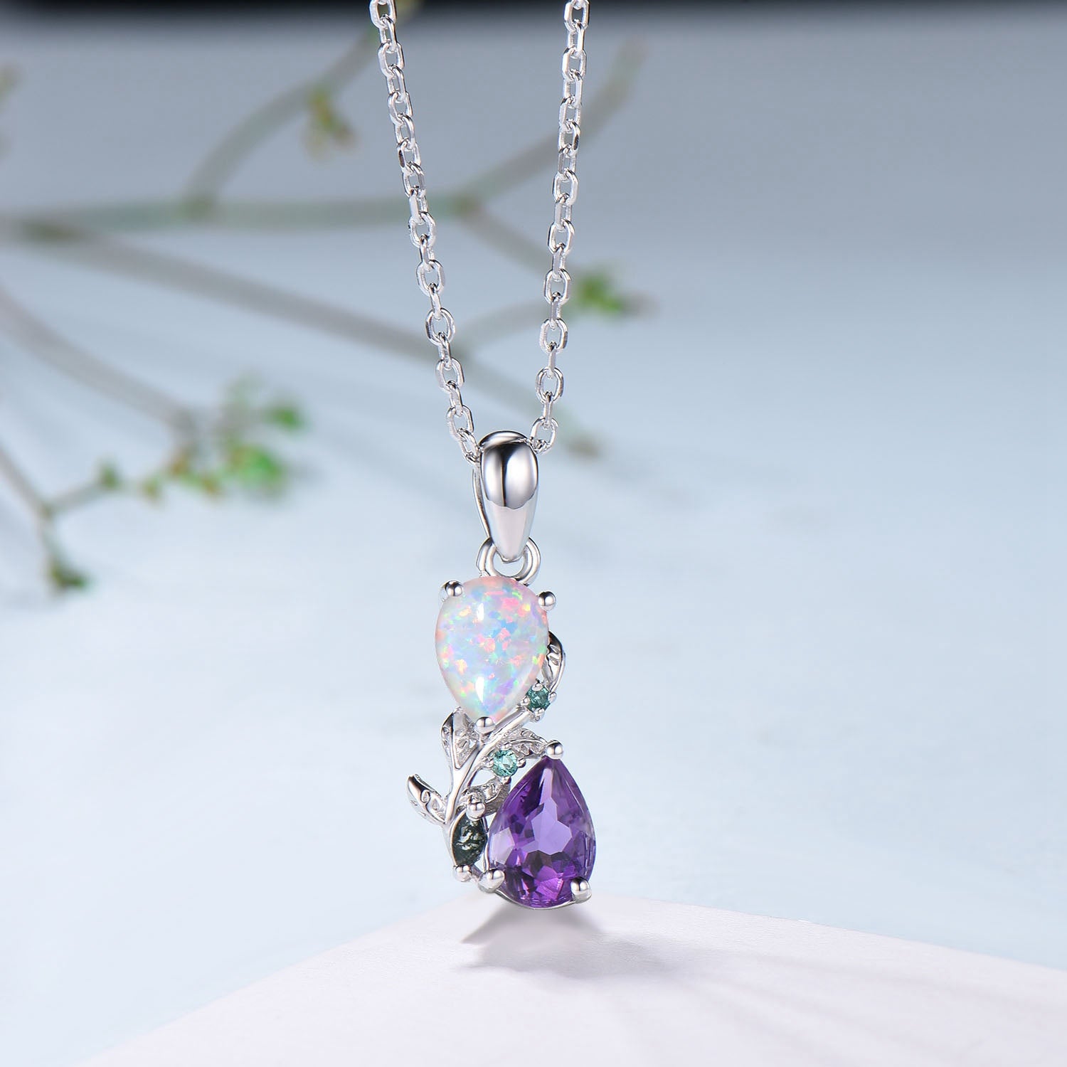 Nature Inspired Opal Amethyst Pendant Necklace Women Unique Alternative Stud Earrings Branch Snake pear shaped leaf wedding set promise gift - PENFINE