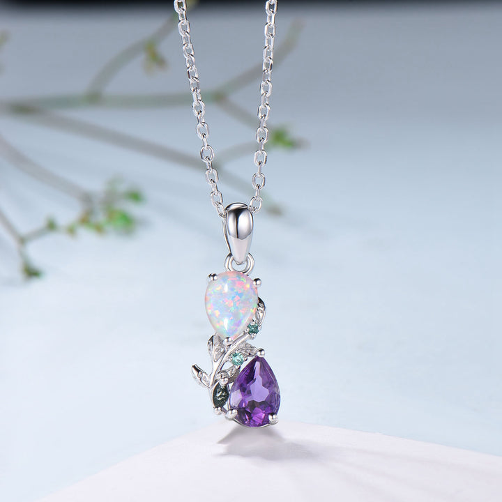 Nature Inspired Opal Amethyst Pendant Necklace Women Unique Alternative Stud Earrings Branch Snake pear shaped leaf wedding set promise gift - PENFINE