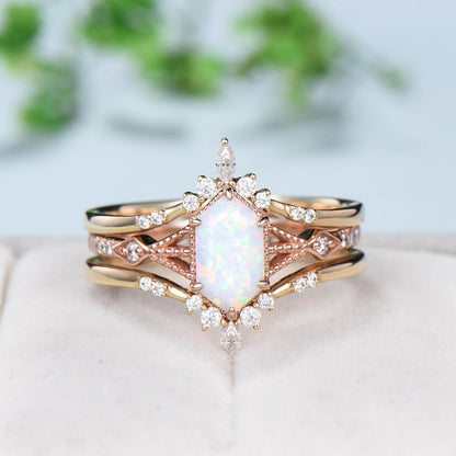 5X9mm long hexagon white opal ring engagement ring set vintage fire opal  moissanite wedding ring set double curved v stacking matching band - PENFINE