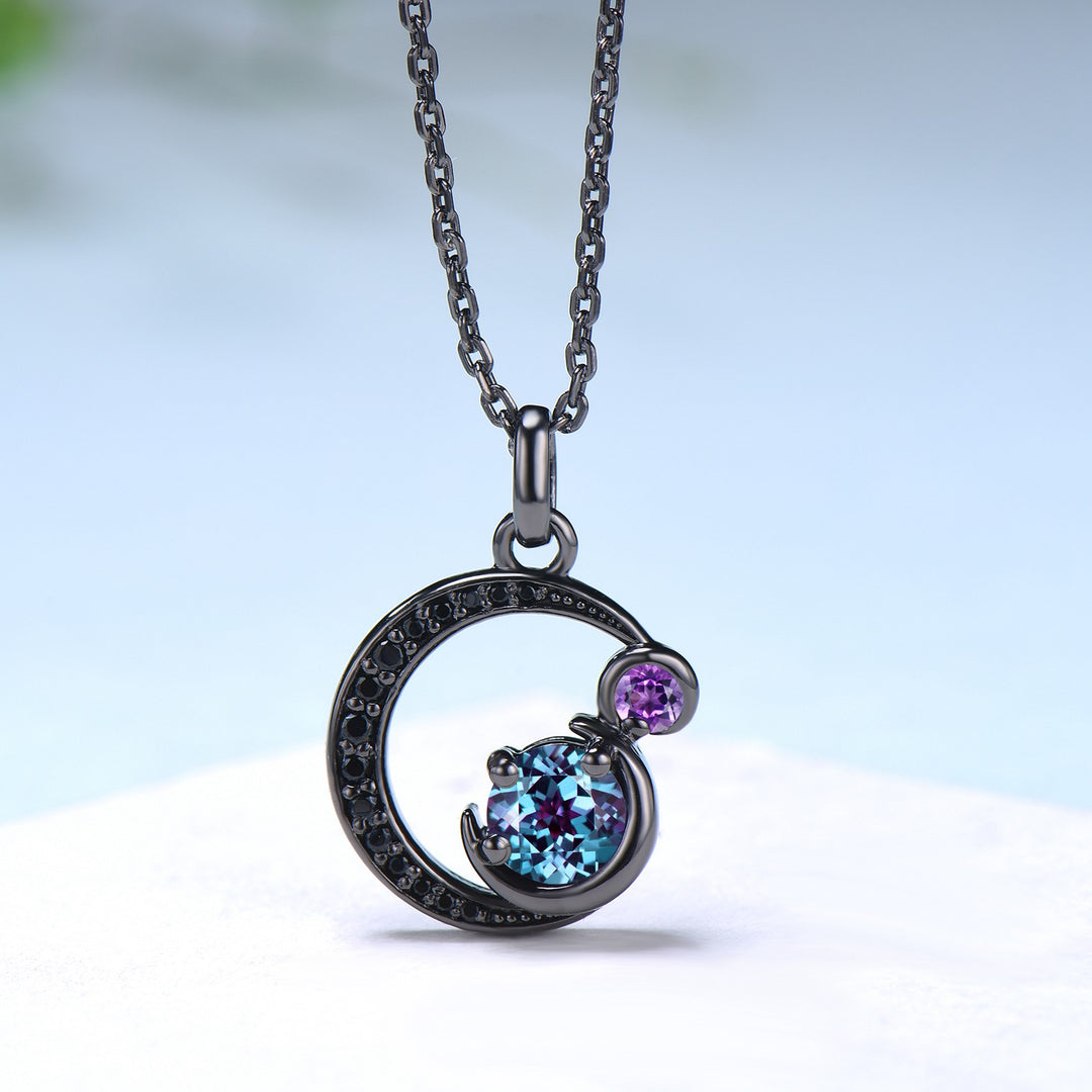 Unique Black Gold Alexandrite Necklace Magic Crescent Moon Amethyst Black Spinel Pendant Necklace Halloween Gothic Anniversary gift for girl - PENFINE