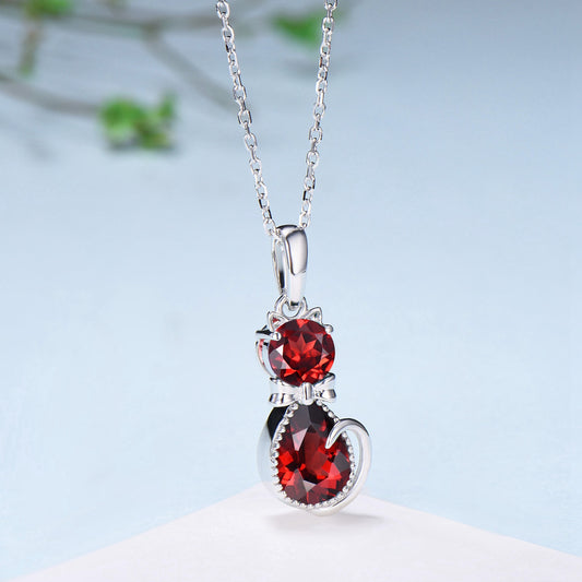 Dainty cat garnet pendant necklace art deco silver white gold Bow January birthstone necklace unique personalized anniversary gift for women - PENFINE