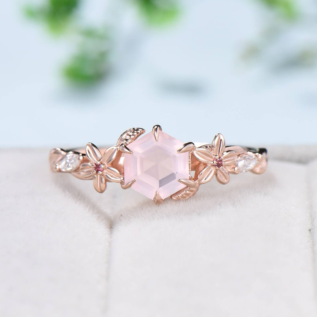 Nature Inspired Flower Rose Quartz Engagement Ring Vintage Unique Retro Pink Tourmaline Wedding Ring Leaves Twisted Wedding Ring For Women - PENFINE