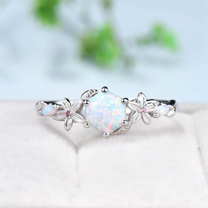 Flower Opal Ring Hexagon White Opal Engagement Vintage Unique Floral Wwedding Ring Leaves Nature Inspired Twist Pink Tourmaline Bridal Ring - PENFINE