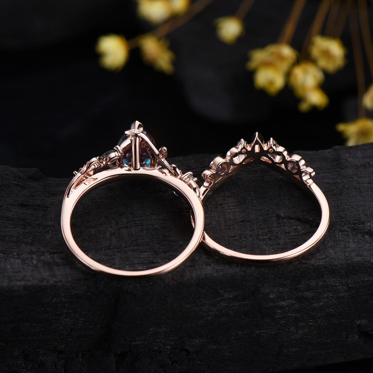 Pear Shaped Alexandrite Ring Set Leaf Vine Moss Agate Wedding Promise Gift