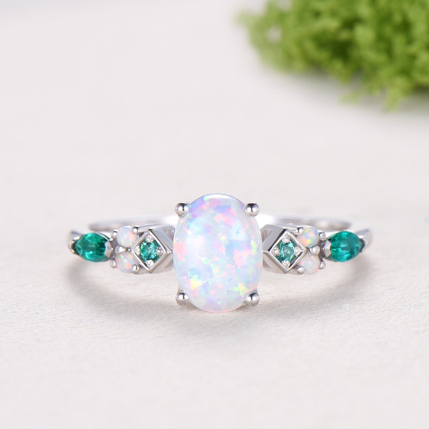 Unique Oval White Opal Engagement Ring Set , Art Deco Emerald/Turquoise Matching Band 14K White Gold Opal Emerald Wedding Bridal Set
