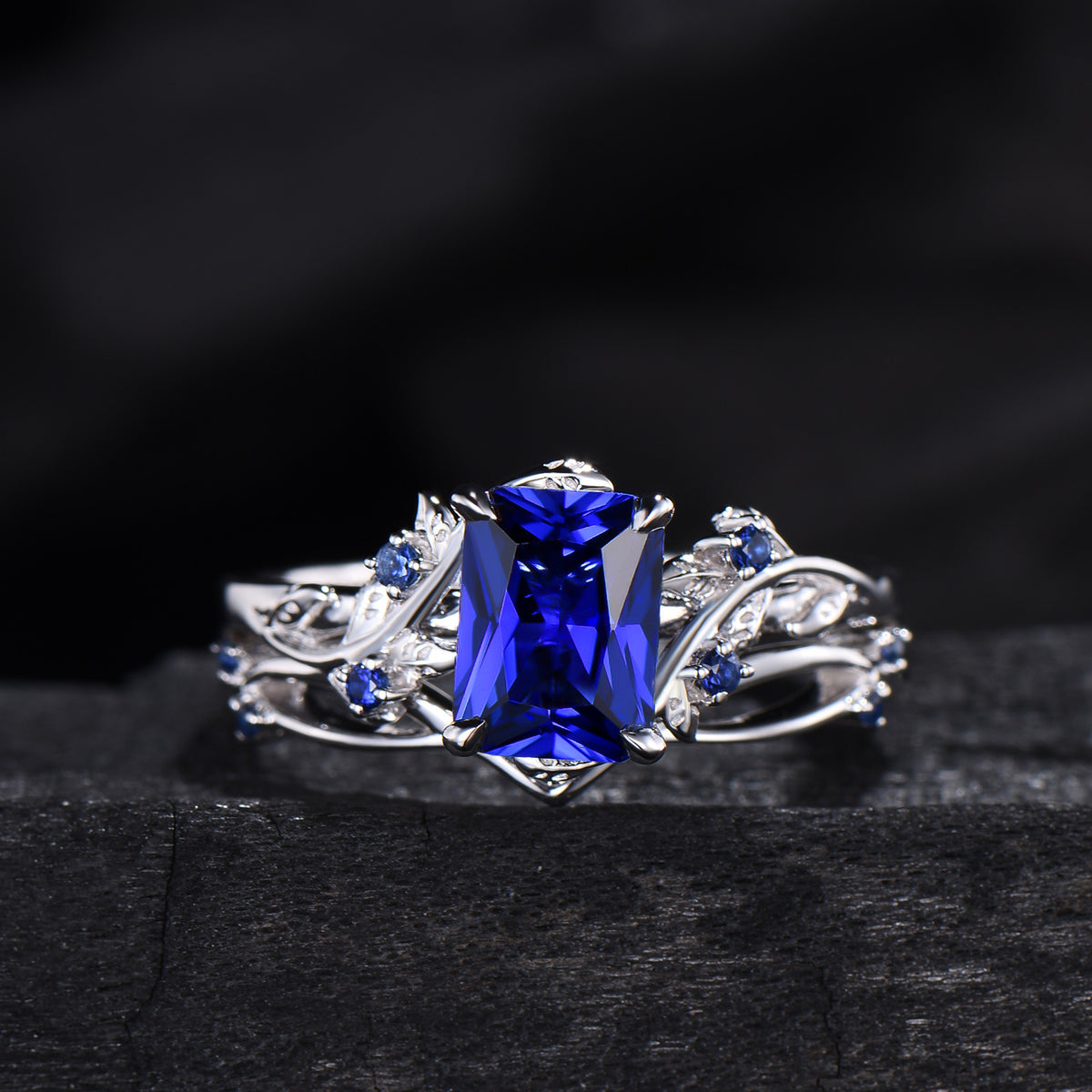 Vintage Emerald cut blue sapphire engagement ring set Nature inspired sapphire wedding ring set white gold leaf vine bridal set for women