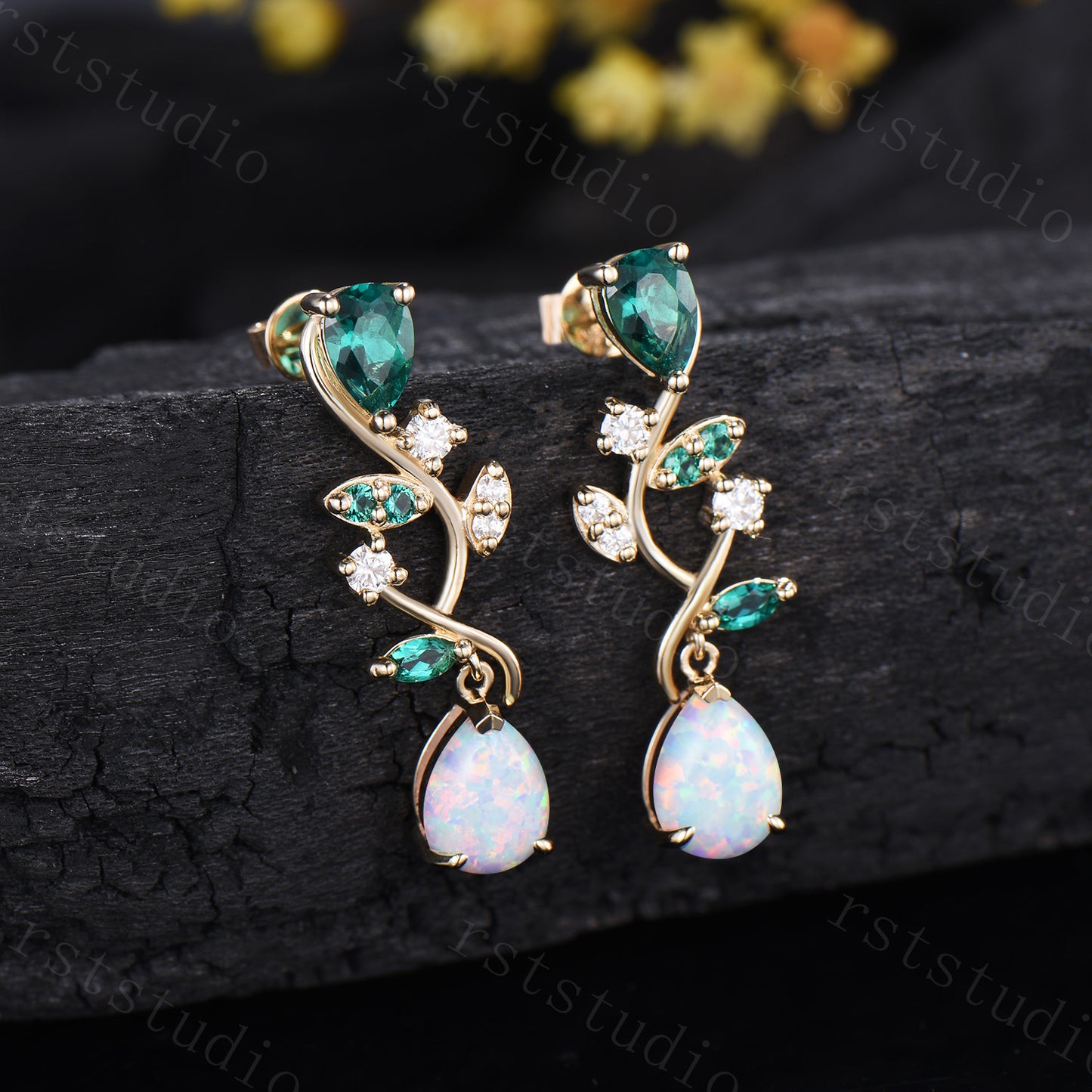 Nature Inspired Pear Shaped White Opal Earrings Emerald Fire Opal Leaf Stud Earrings Silver Earrings Handmade Anniversary Promise Gift
