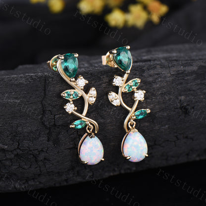 Nature Inspired Pear Shaped White Opal Earrings Emerald Fire Opal Leaf Stud Earrings Silver Earrings Handmade Anniversary Promise Gift