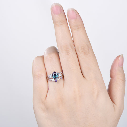 Unique Alexandrite Engagement Ring Set, 14k White Gold Moonstone June Birthstone Wedding Set, Leaf Amethyst Promise Stacking Band Bridal Set