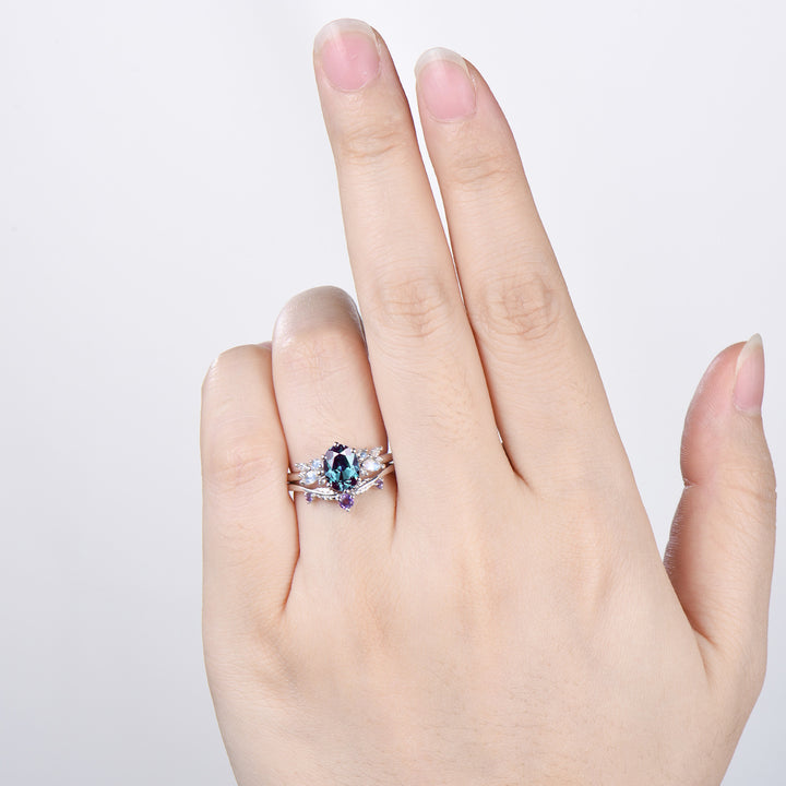 Unique Alexandrite Engagement Ring Set, 14k White Gold Moonstone June Birthstone Wedding Set, Leaf Amethyst Promise Stacking Band Bridal Set
