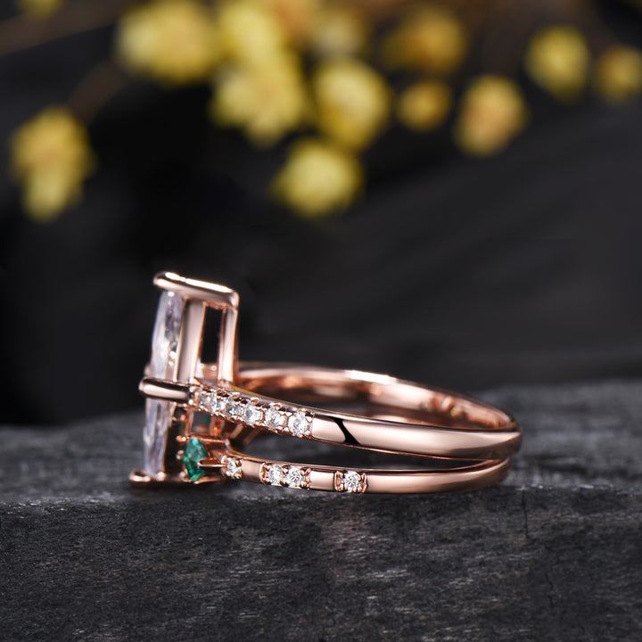 1CT IGI Certified Marquise Cut Lab Grown Diamond Engagement Ring Set 14K Rose Gold Pave Diamond Bridal Wedding Jewelry Promise Gift