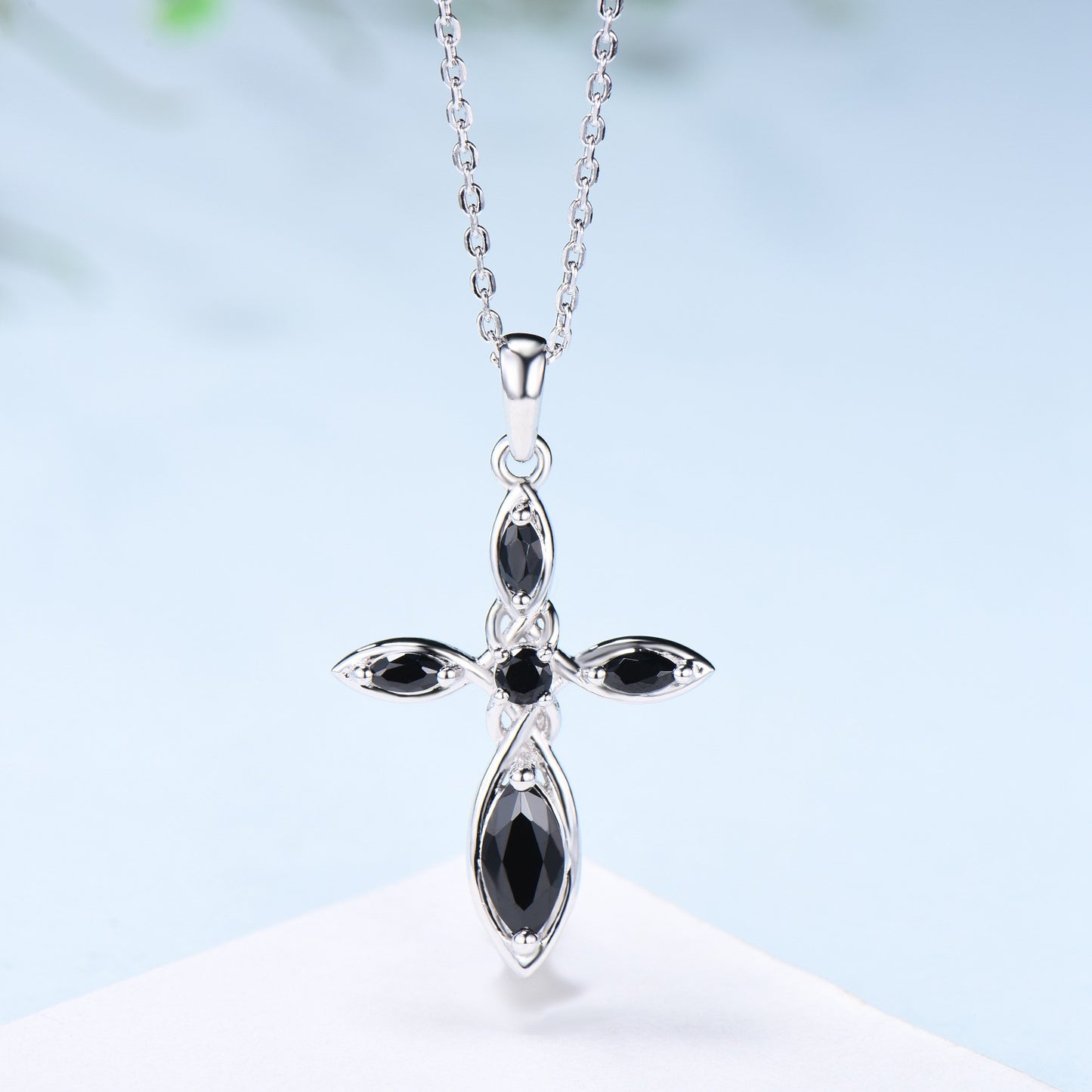 Dainty Black Spinel Cross Necklace, Sterling Silver Celtic Pendant - PENFINE