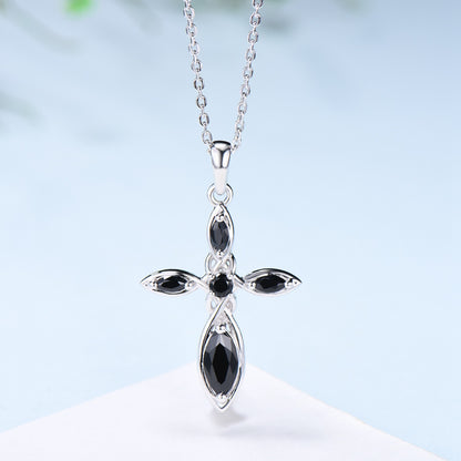 Dainty Black Spinel Cross Necklace, Sterling Silver Celtic Pendant - PENFINE