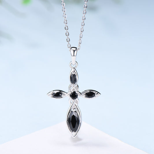 Dainty Black Spinel Cross Necklace, Sterling Silver Celtic Pendant - PENFINE