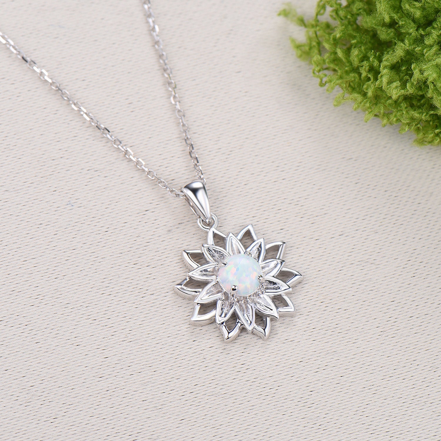 Vintage Sunflower White Opal Pendant Necklace fire opal leafy necklace elegant spinner pendant October birthstone anniversary gifts for mom