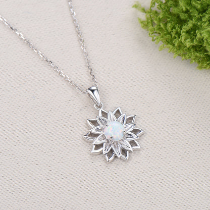 Vintage Sunflower White Opal Pendant Necklace fire opal leafy necklace elegant spinner pendant October birthstone anniversary gifts for mom