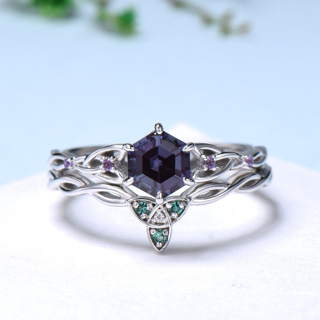 Norse Viking Hexagon Alexandrite Ring Set Celtic Love Knot Alexandrite Amethyst Engagement Ring Unique Twisted Wedding Ring Set For Women - PENFINE