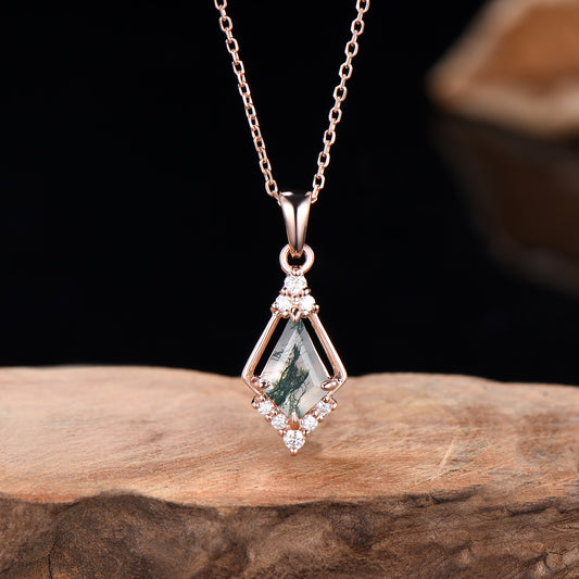 Vintage 1CT Kite Cut Moss Agate Necklace Silver White Gold Green Agate Diamond Pendant Necklace Anniversary Gift for Women