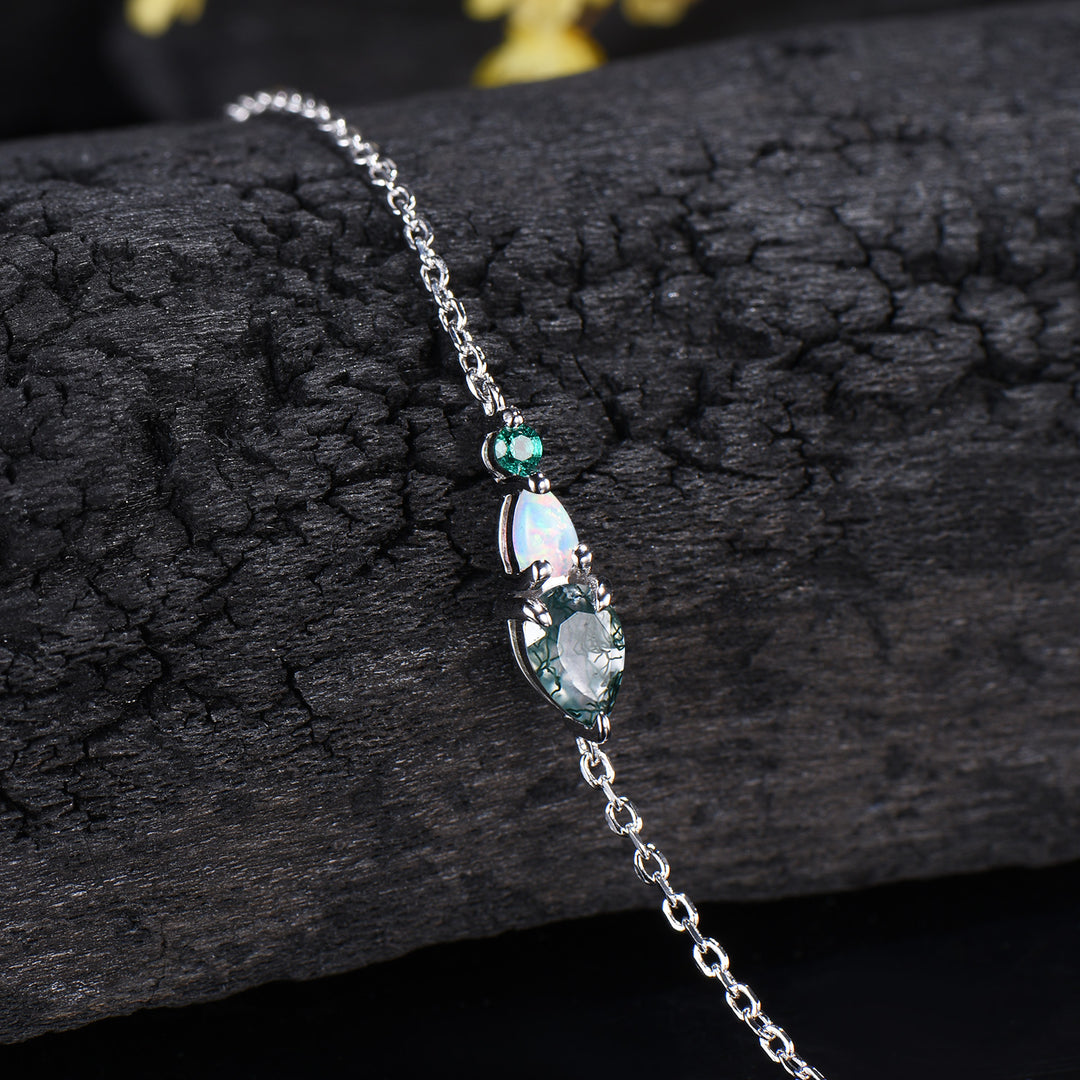 Dainty Teardrop Natural Moss Agate Opal Bracelet, May Birthstone Green Emerald Three Stone Wedding Bracelet Anniversary Gift for Women