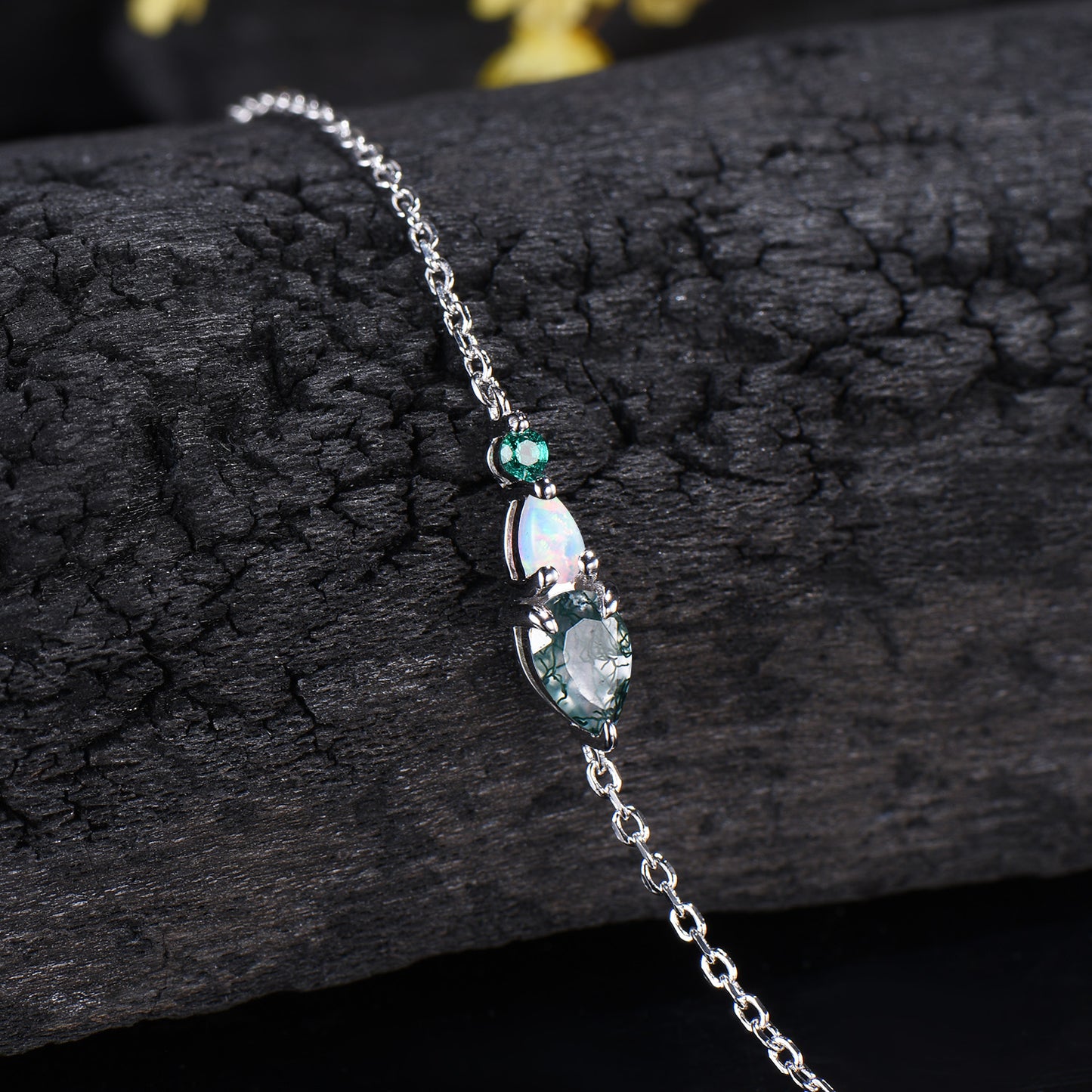 Dainty Teardrop Natural Moss Agate Opal Bracelet, May Birthstone Green Emerald Three Stone Wedding Bracelet Anniversary Gift for Women