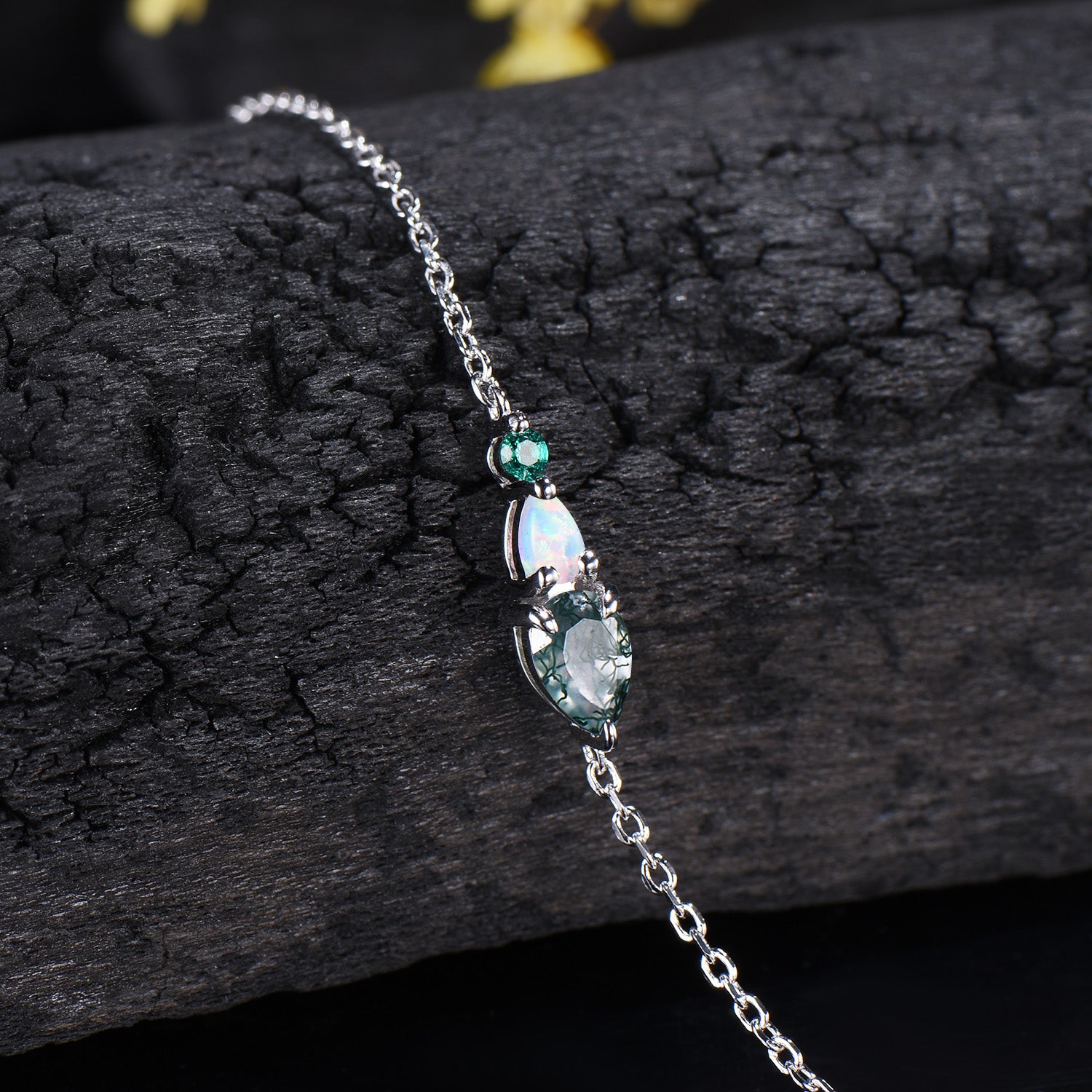 Dainty Teardrop Natural Moss Agate Opal Bracelet, May Birthstone Green Emerald Three Stone Wedding Bracelet Anniversary Gift for Women