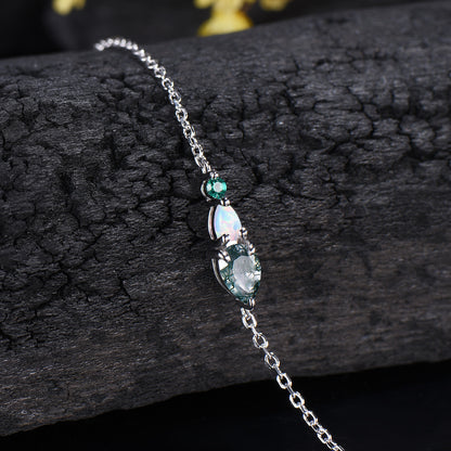 Dainty Teardrop Natural Moss Agate Opal Bracelet, May Birthstone Green Emerald Three Stone Wedding Bracelet Anniversary Gift for Women