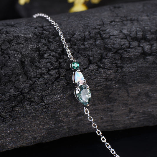 Dainty Teardrop Natural Moss Agate Opal Bracelet, May Birthstone Green Emerald Three Stone Wedding Bracelet Anniversary Gift for Women