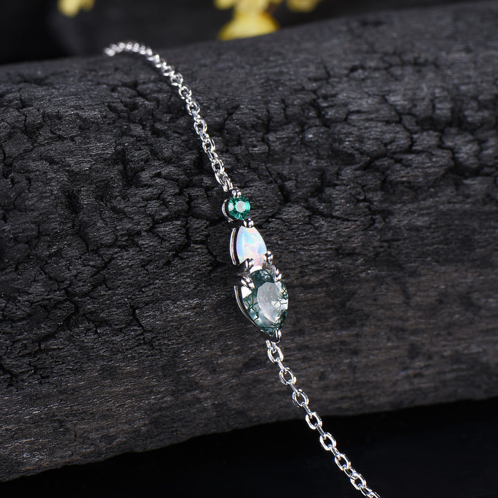 Dainty Teardrop Natural Moss Agate Opal Bracelet, May Birthstone Green Emerald Three Stone Wedding Bracelet Anniversary Gift for Women