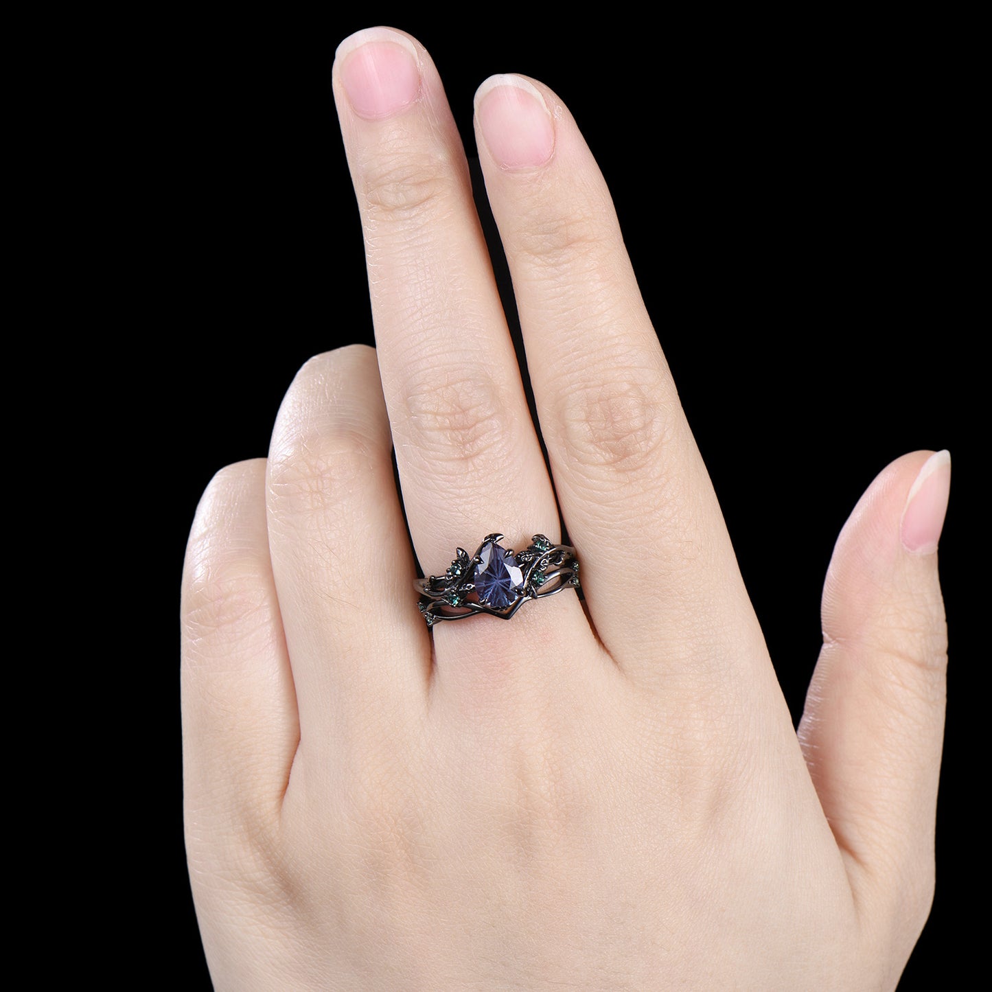 Fireworks Cut Alexandrite Engagement Ring Set Twig Vine Nature Inspired Black Gold Emerald Cluster Bridal Set