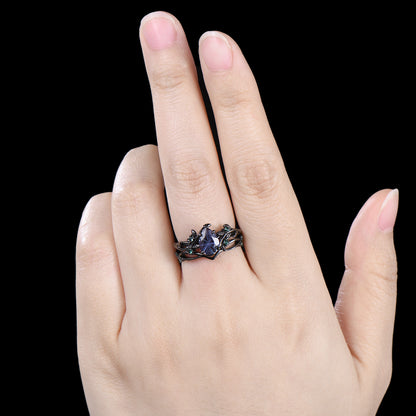 Fireworks Cut Alexandrite Engagement Ring Set Twig Vine Nature Inspired Black Gold Emerald Cluster Bridal Set