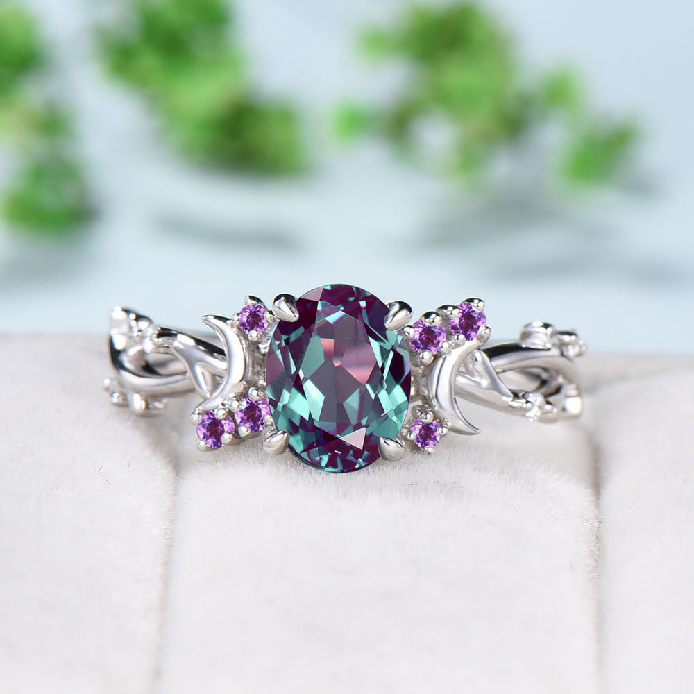 1.5CT Oval Cut Alexandrite Ring Twig Branch Color Change Moon Engagement Ring Vintage Unique Cluster Amethyst Wedding Ring Gift For Women - PENFINE