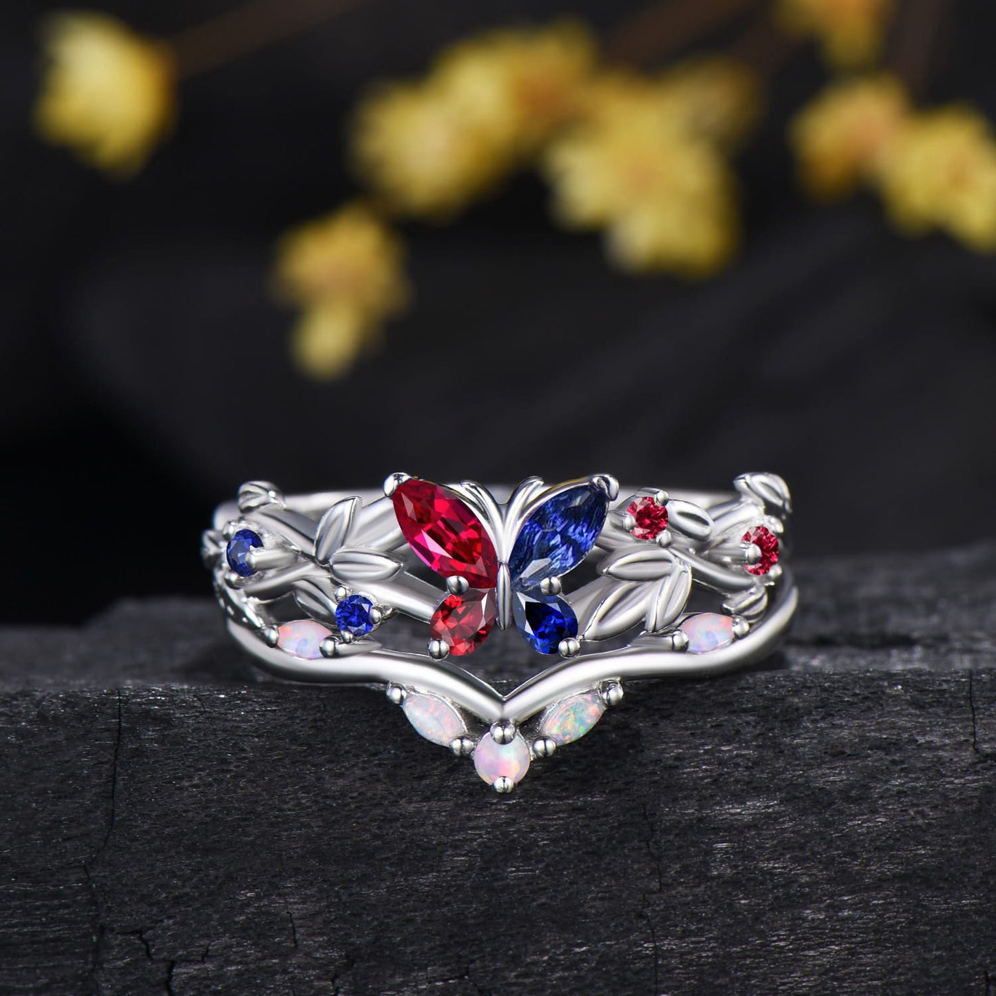 Multi-Color Leaf Twisted Bridal Set Ruby Blue Sapphire Butterfly Engagement Ring Opal Matching Band