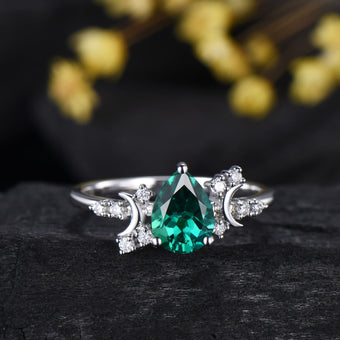 Vintage emerald engagement ring crescent moon pear shaped green gemstone promise ring Unique cluster moissanite anniversary gift for Women