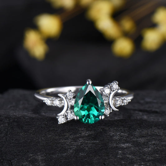 Vintage emerald engagement ring crescent moon pear shaped green gemstone promise ring Unique cluster moissanite anniversary gift for Women