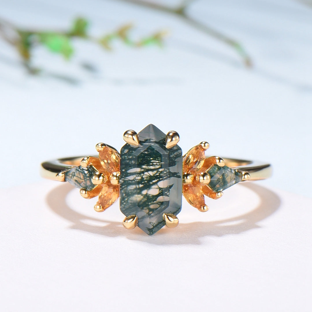 Elongated Hexagon Moss Agate Ring with Citrine Accents - Woodland Sunburst Ring - PENFINE
