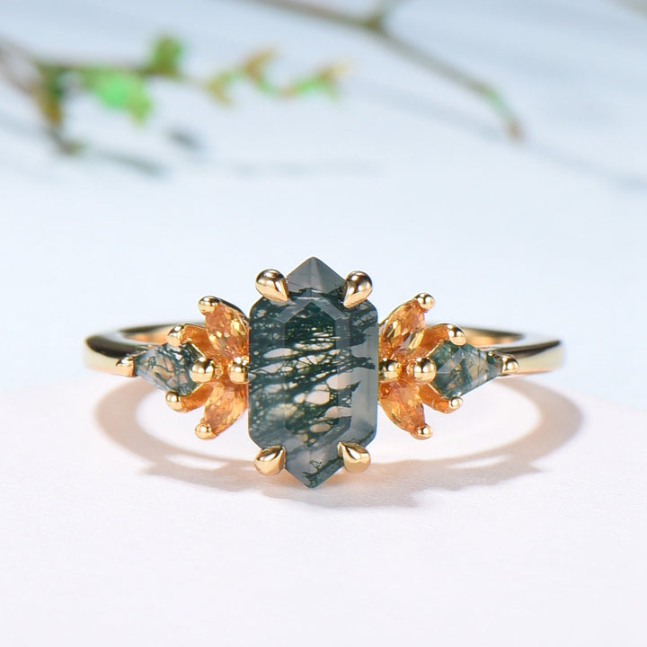 Elongated Hexagon Moss Agate Ring with Citrine Accents - Woodland Sunburst Ring - PENFINE