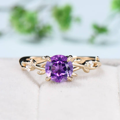 Round Purple Amethyst ring Leaf Engagement Ring 14K Yellow Gold Nature Inspired Wedding Ring Twig Unique Handmade Proposal Gifts for Women - PENFINE