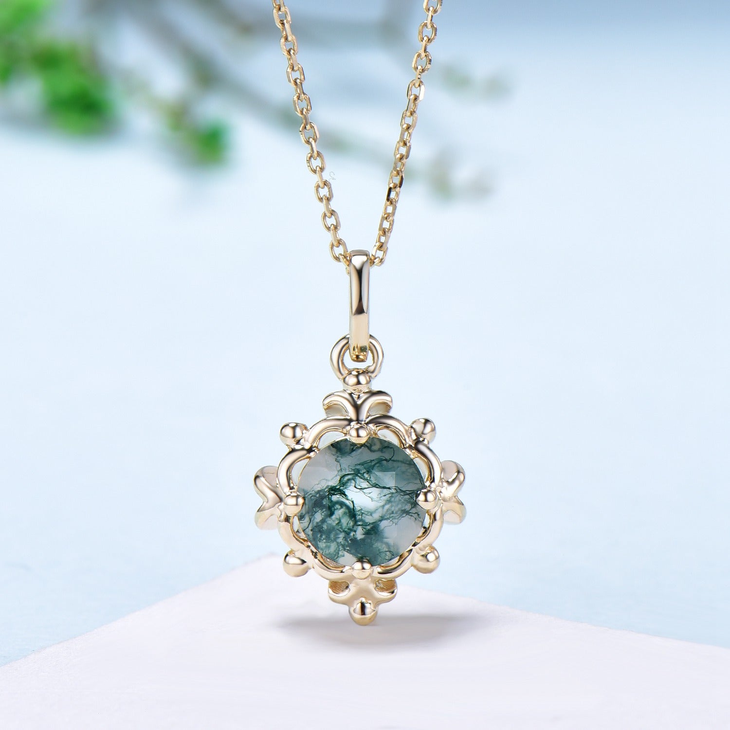 Moss Agate Pendant Necklace Magic Crescent Moon 1CT Round Aquatic Agate Floral  Retro Vintage Agate Pendant Anniversary gift for women - PENFINE